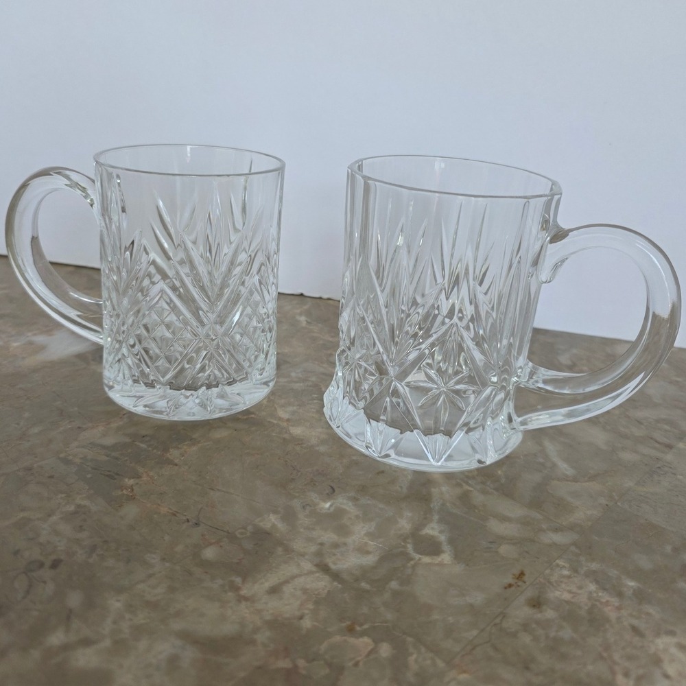 Set of 2 Crystal Clear Glass Mugs Heavy Cut Pattern Elegant Design Small‎ Chip